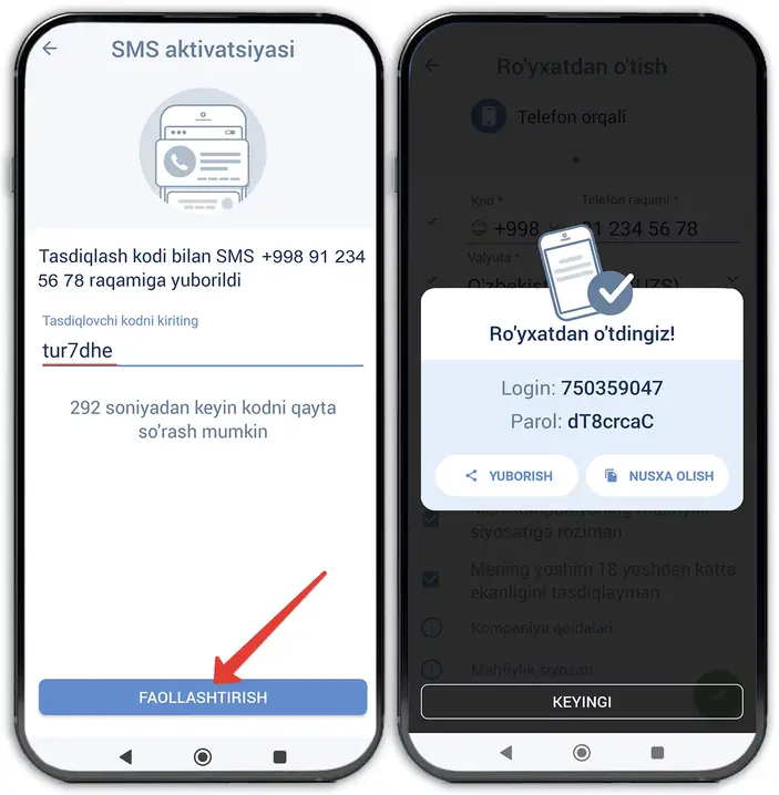 telefon orqali royxatdan otish